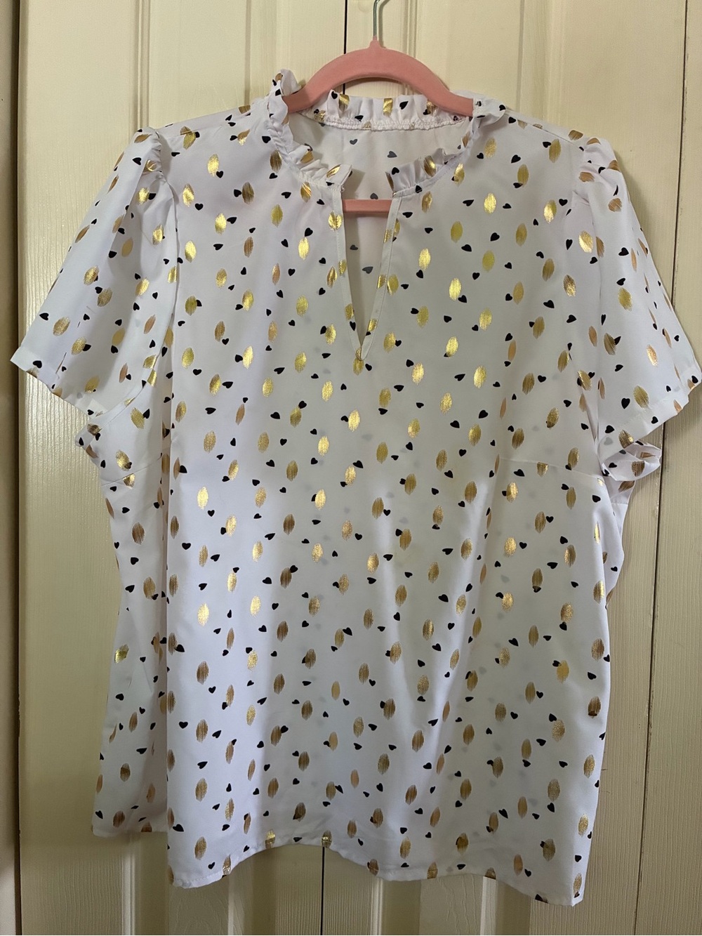 Women’s White Short-Sleeve Blouse with Gold Spot Print